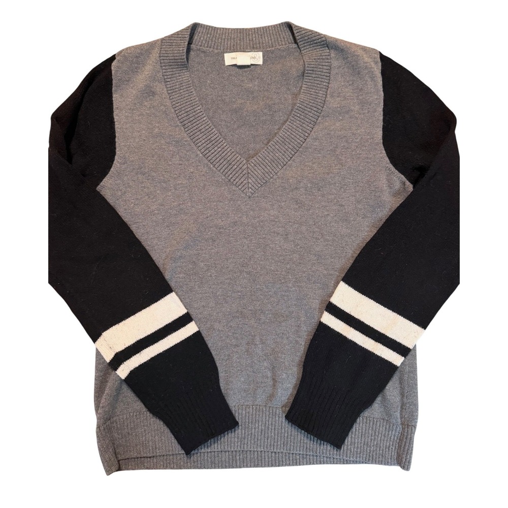 TREASUREBOND Women's‎ Sweater Gray Black Stripe V Neck Long Sleeve Size M